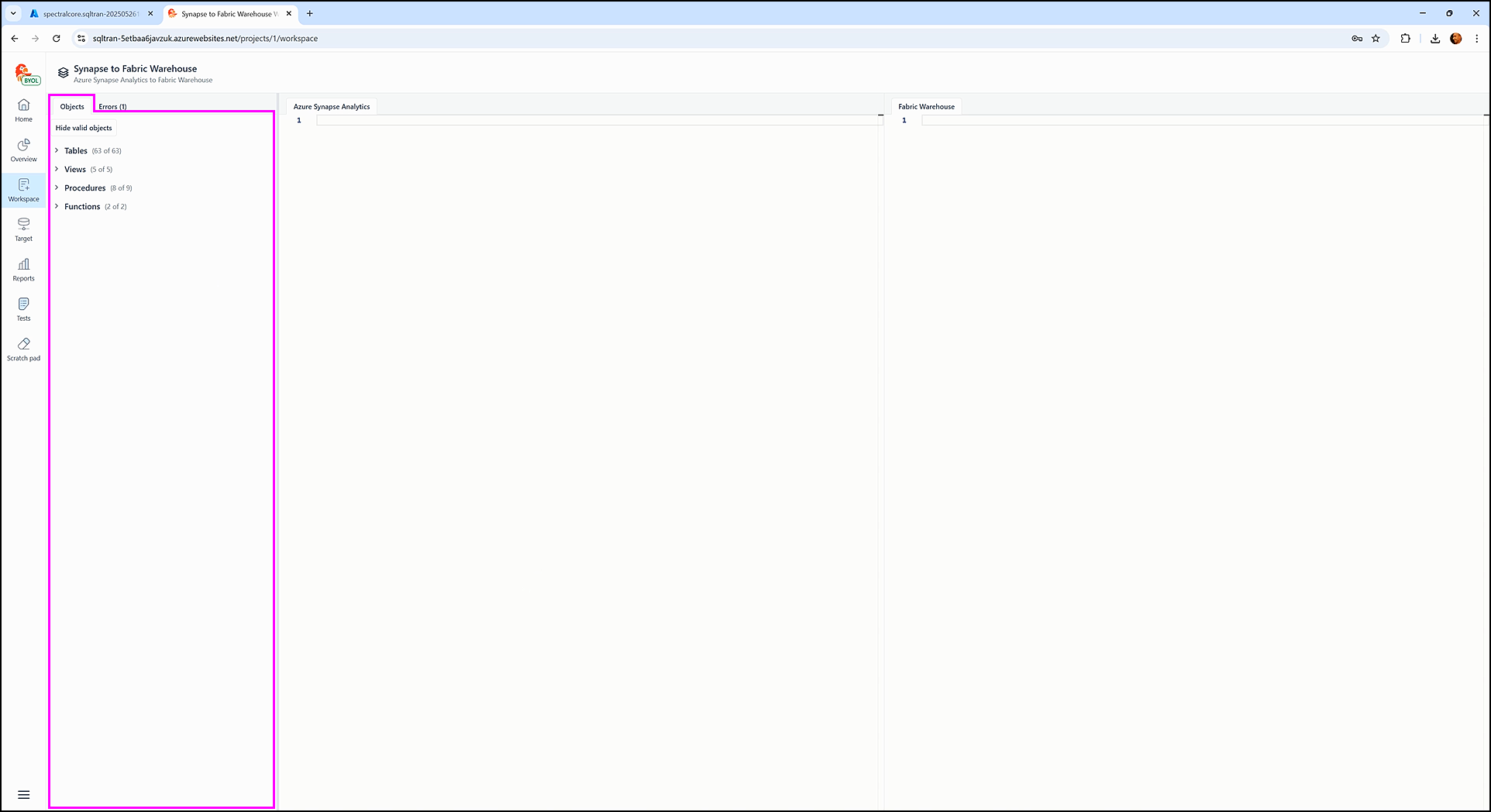 Inside the workspace screen - SQL Tran - Spectral Core