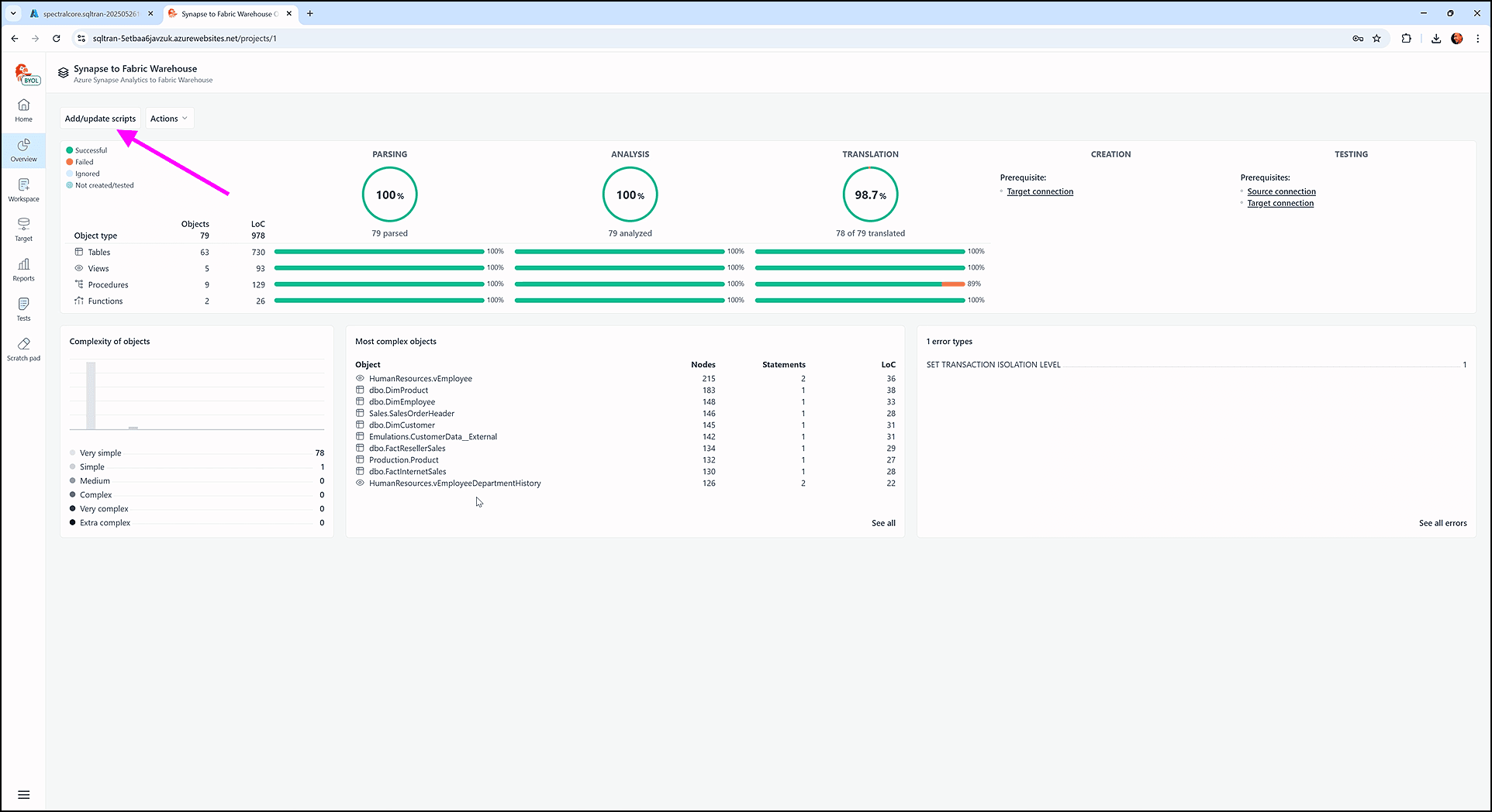 Exploring the overview screen - SQL Tran - Spectral Core