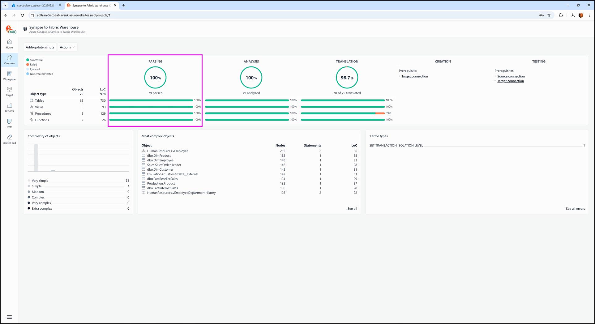 Exploring the overview screen - SQL Tran - Spectral Core