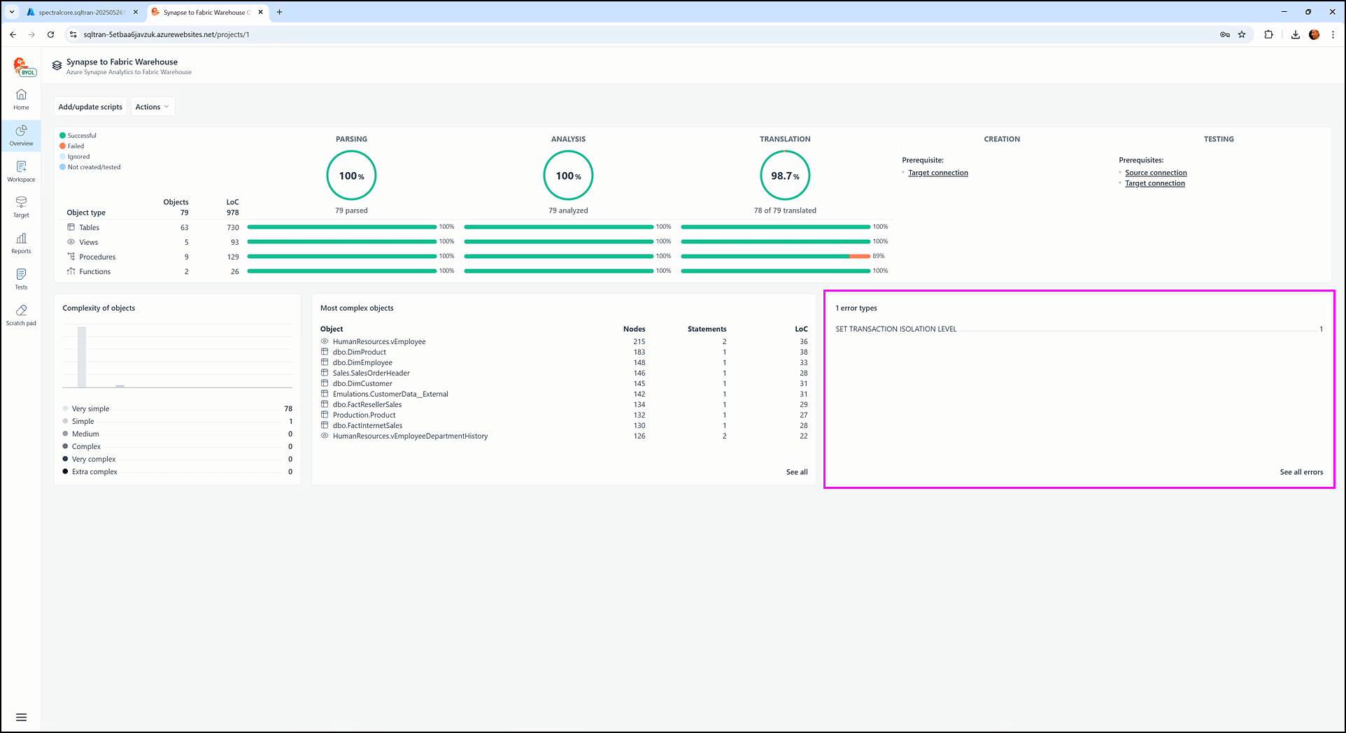 Exploring the overview screen - SQL Tran - Spectral Core