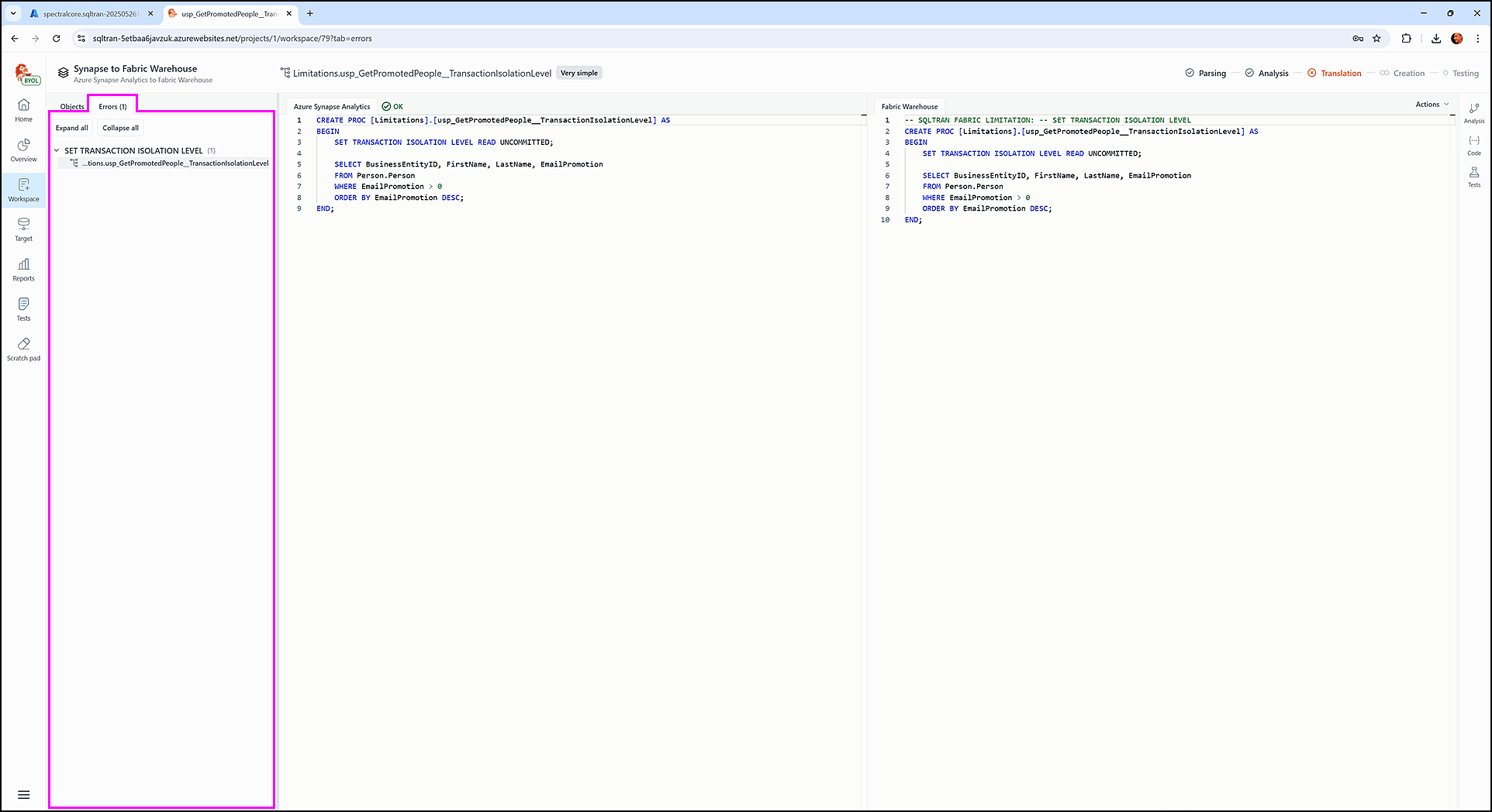 Inside the workspace screen - SQL Tran - Spectral Core