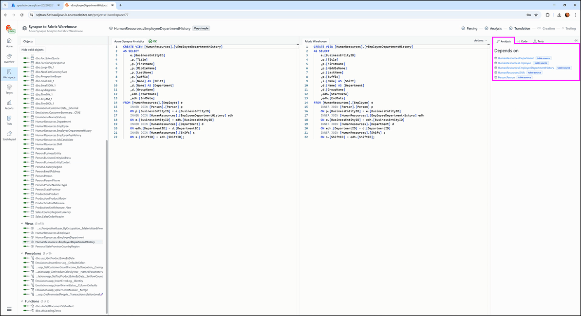 Inside the workspace screen - SQL Tran - Spectral Core