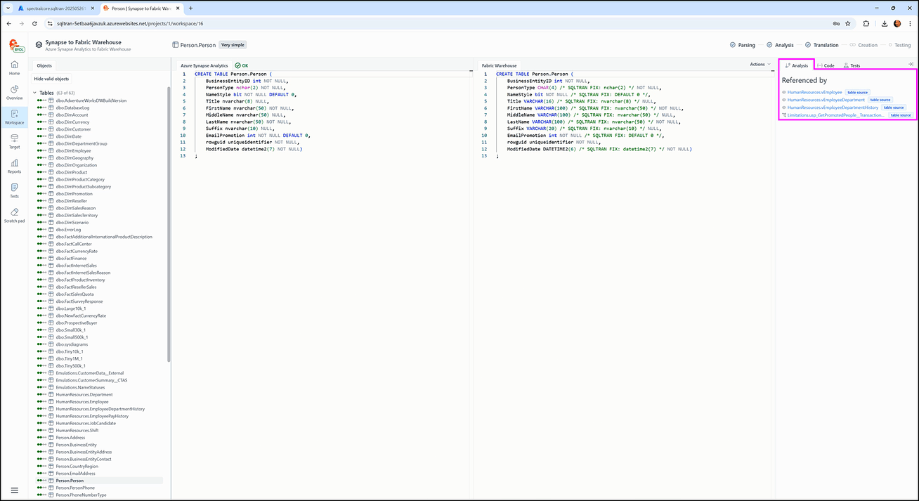 Inside the workspace screen - SQL Tran - Spectral Core