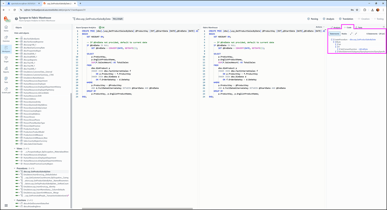 Inside the workspace screen - SQL Tran - Spectral Core