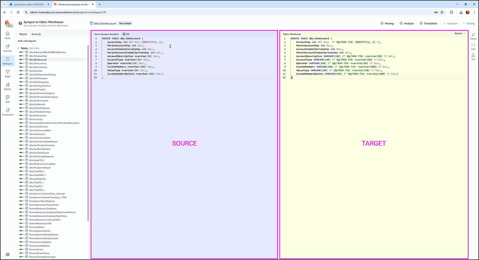 Inside the workspace screen - SQL Tran - Spectral Core
