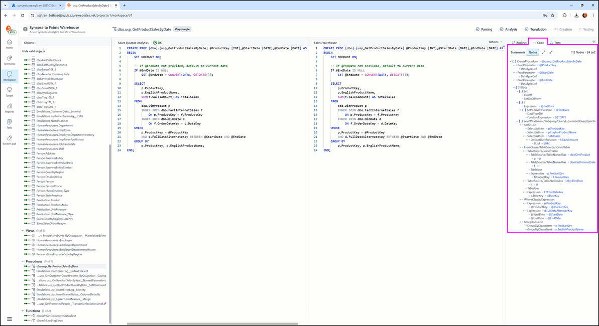 Inside the workspace screen - SQL Tran - Spectral Core