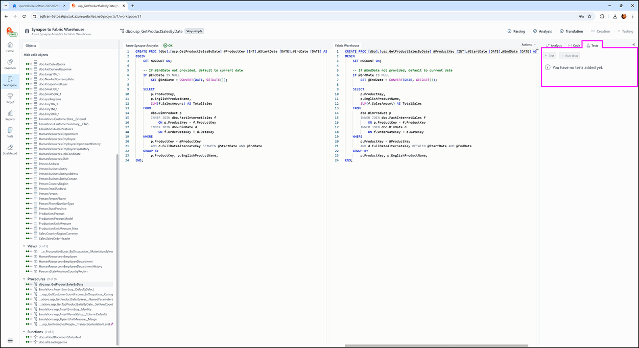 Inside the workspace screen - SQL Tran - Spectral Core