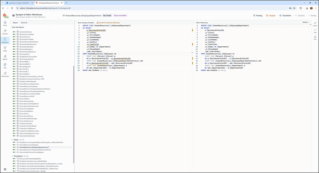 Inside the workspace screen - SQL Tran - Spectral Core