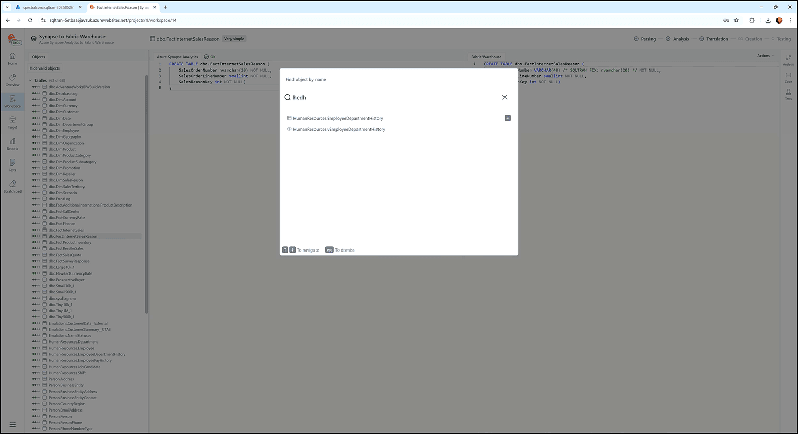 Inside the workspace screen - SQL Tran - Spectral Core