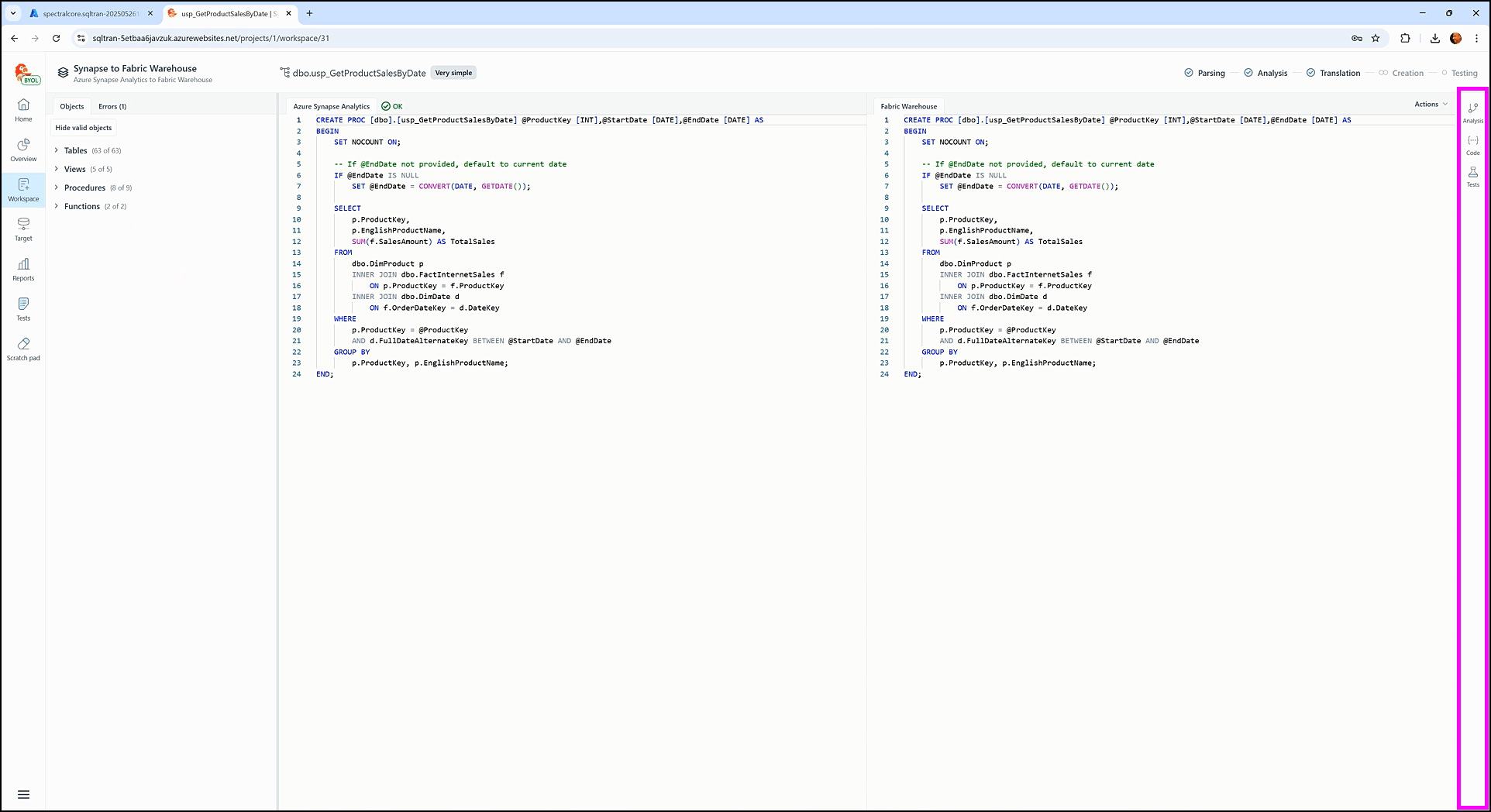 Inside the workspace screen - SQL Tran - Spectral Core