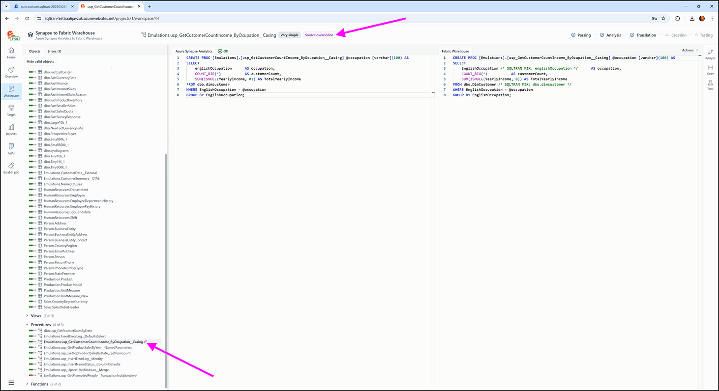 Inside the workspace screen - SQL Tran - Spectral Core