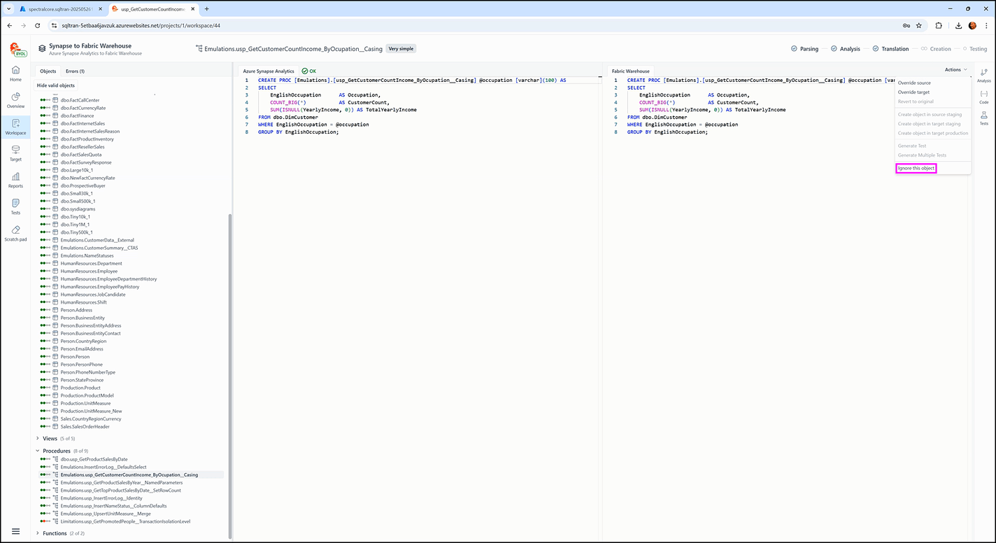 Inside the workspace screen - SQL Tran - Spectral Core