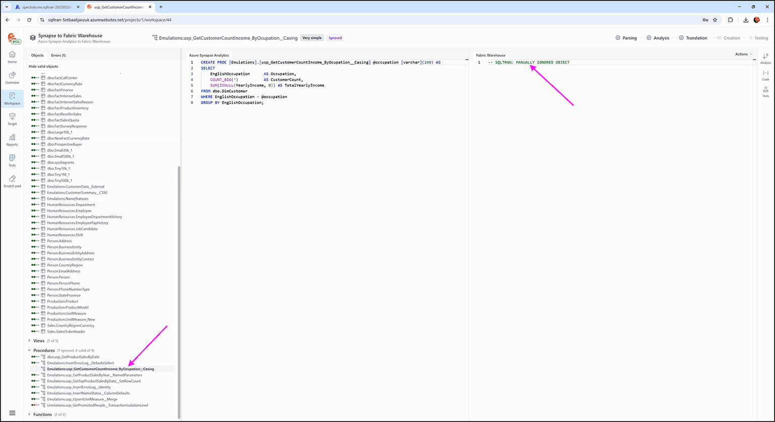 Inside the workspace screen - SQL Tran - Spectral Core