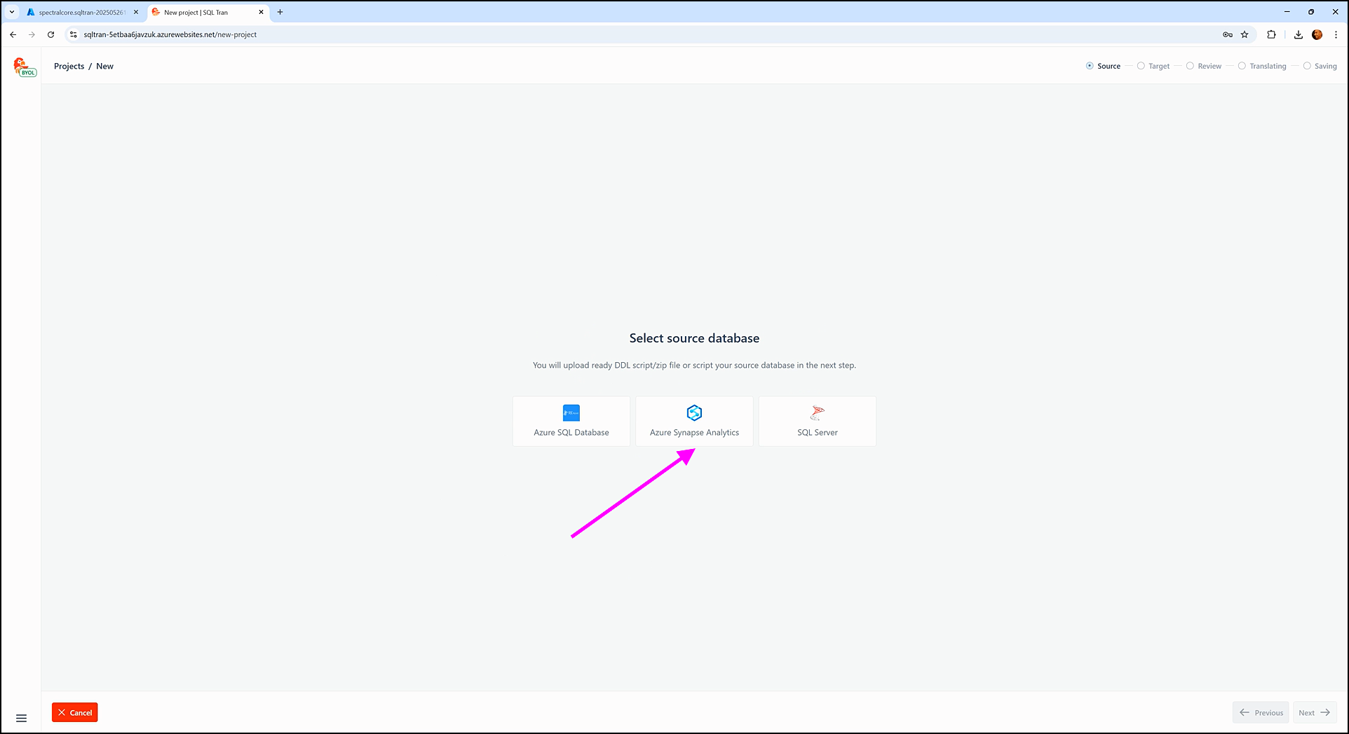 Creating a new project - SQL Tran - Spectral Core
