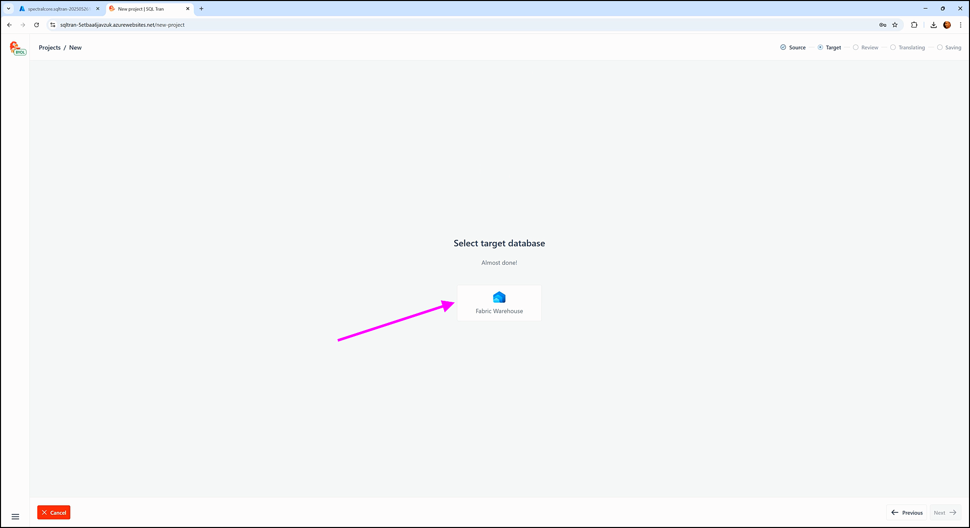Creating a new project - SQL Tran - Spectral Core