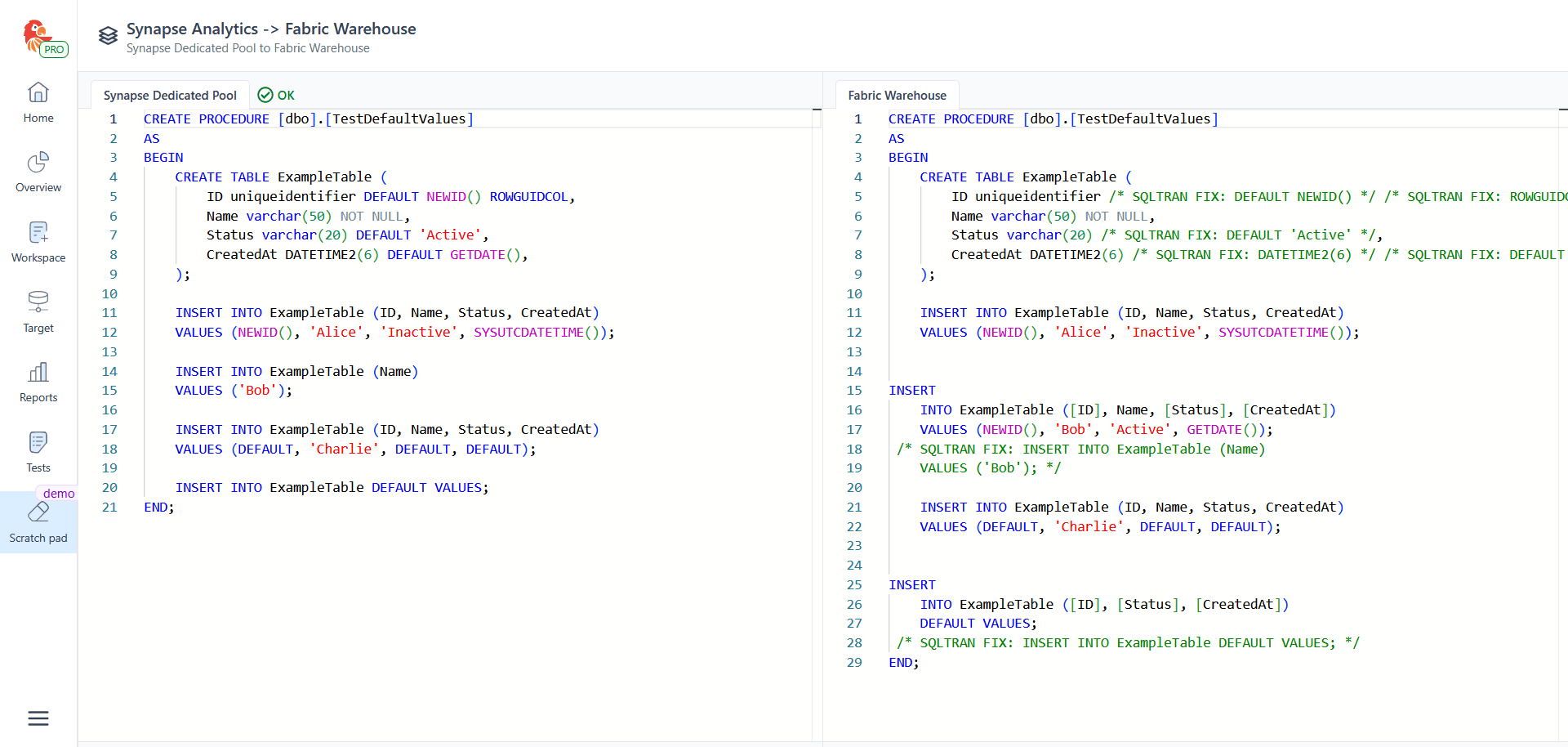 Default values - SQL Tran - Spectral Core
