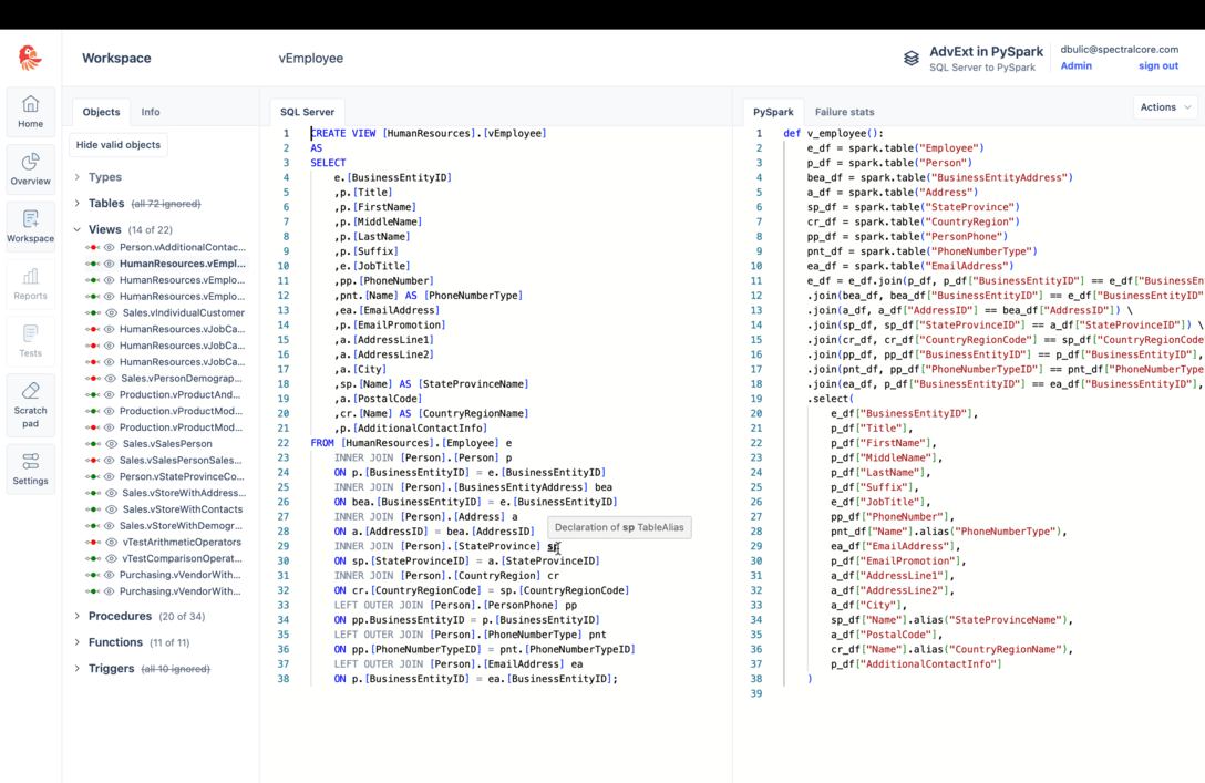 Workspace - SQL Tran - Spectral Core