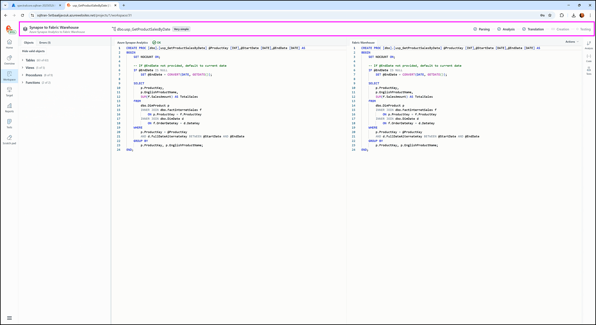 Inside the workspace screen - SQL Tran - Spectral Core