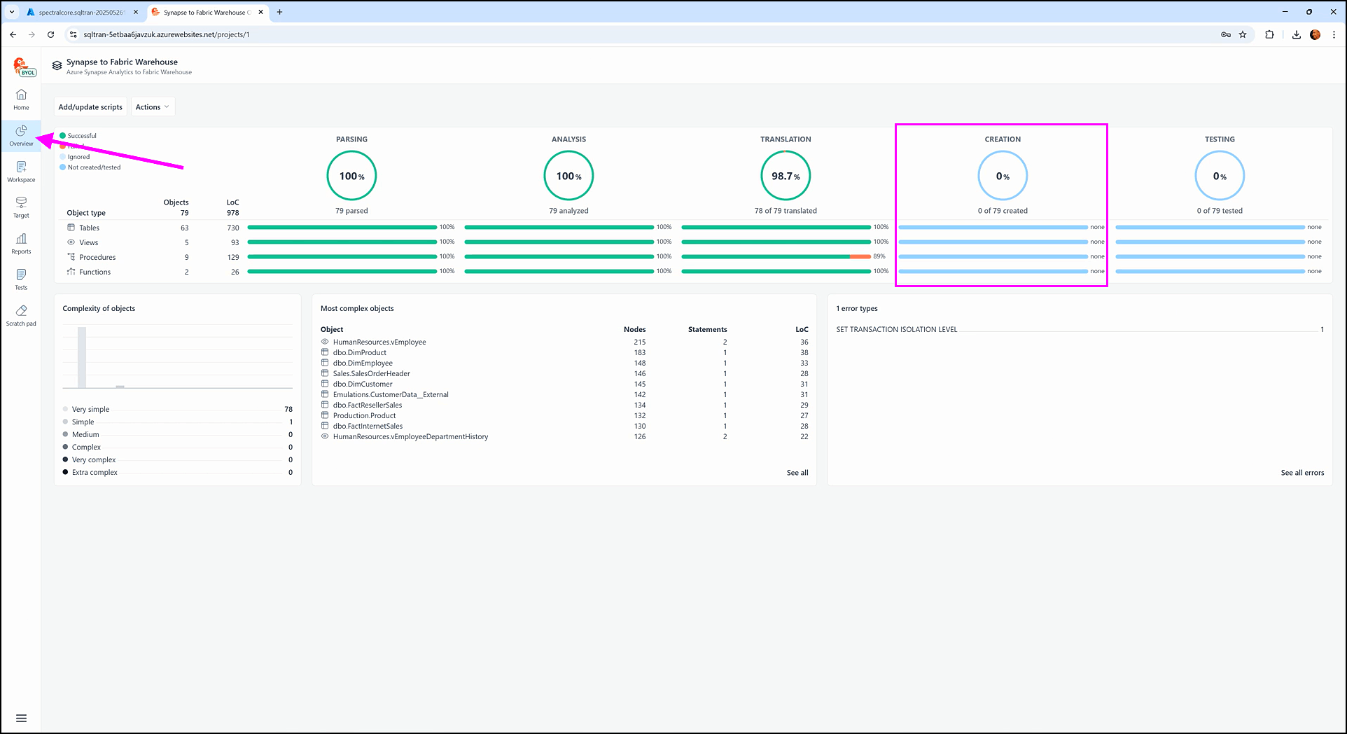 Creating the target staging schema - SQL Tran - Spectral Core