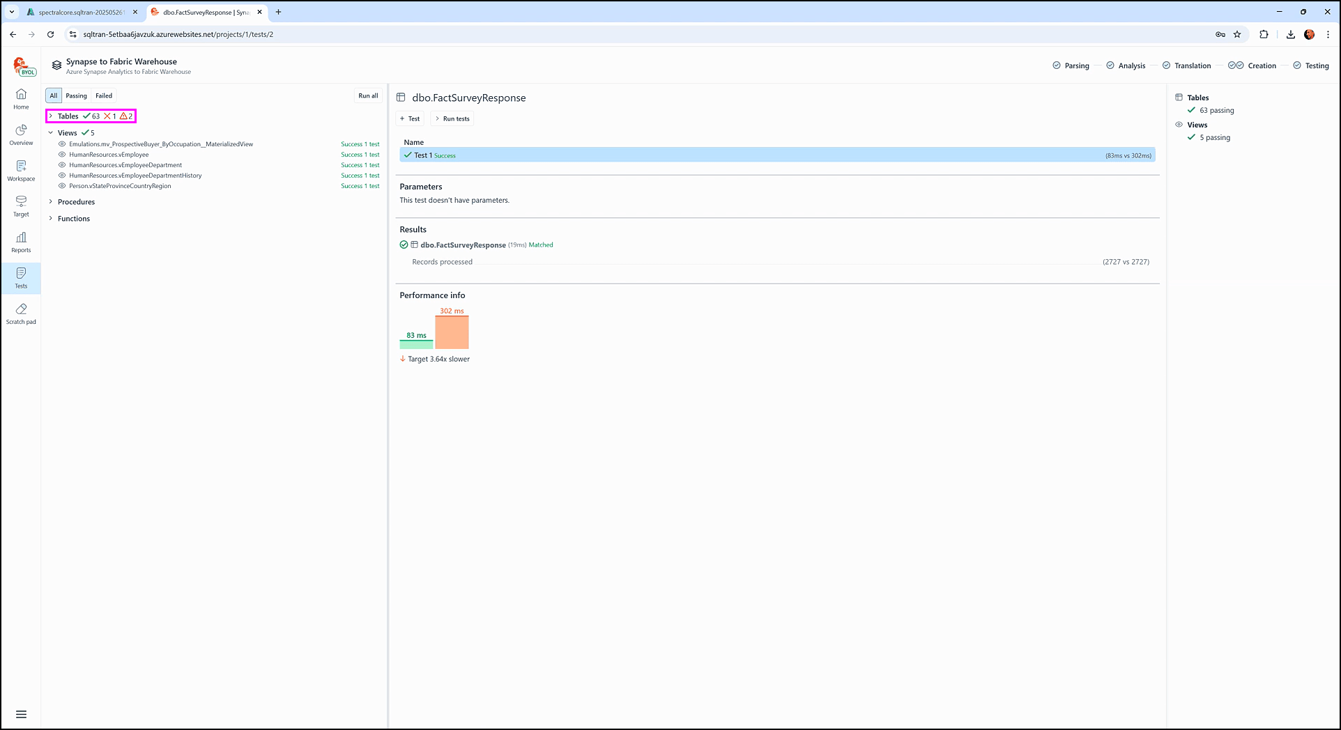 Examining the tests screen - SQL Tran - Spectral Core