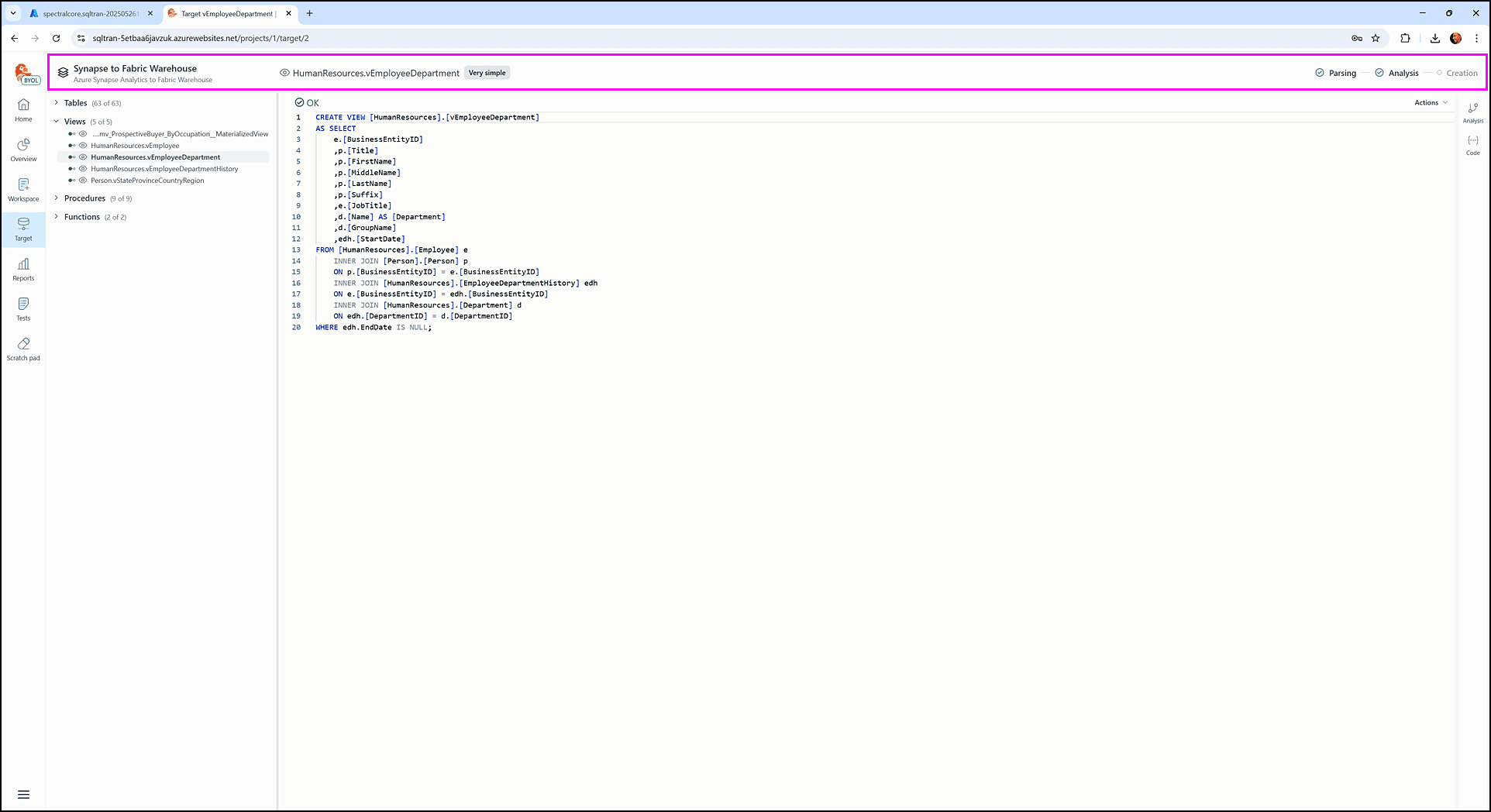 Understanding the target screen - SQL Tran - Spectral Core