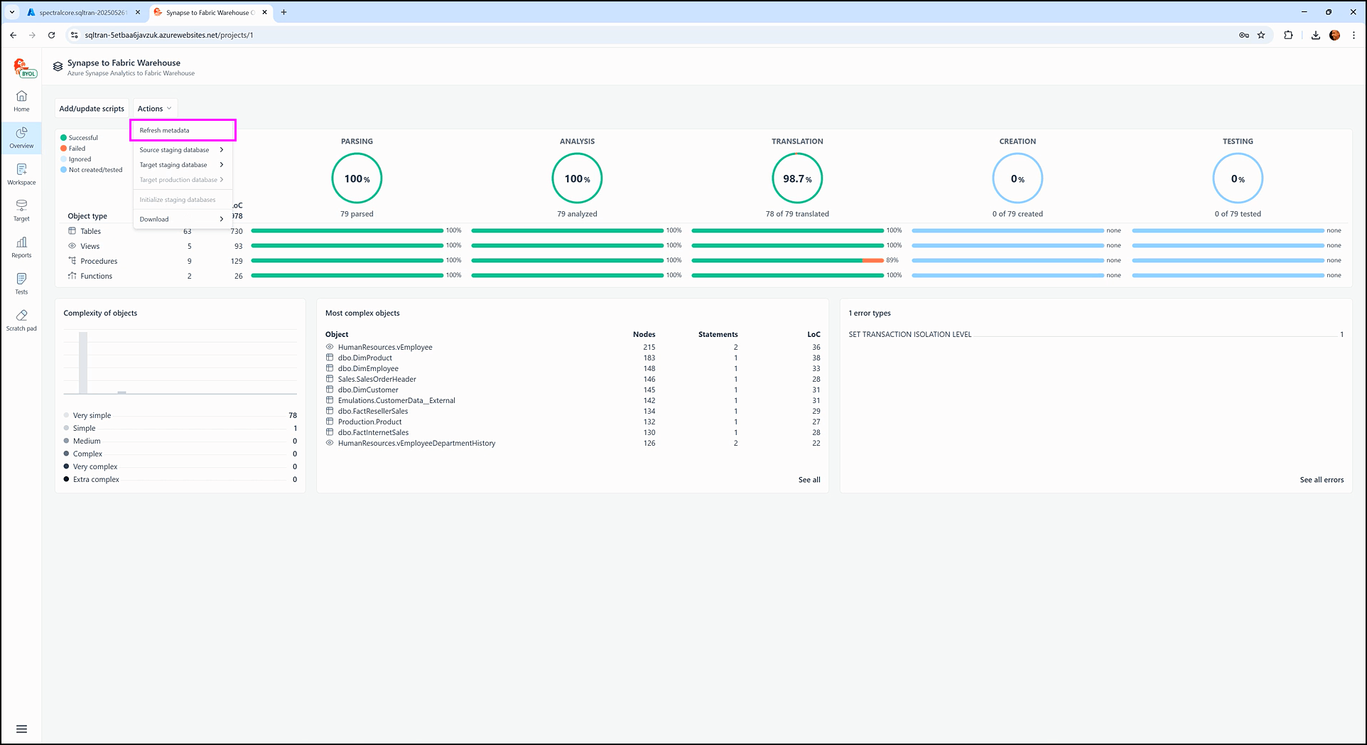 Actions menu in testing - SQL Tran - Spectral Core