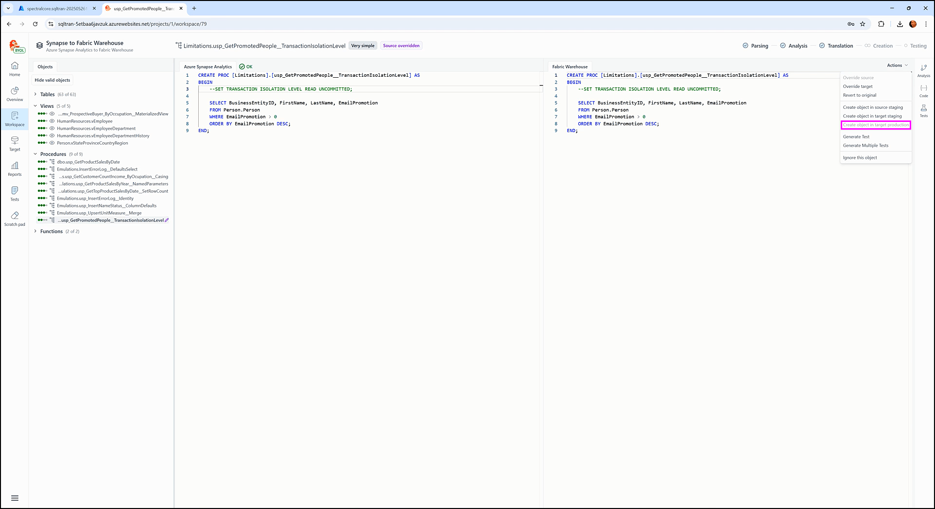 Using the actions dropdown - SQL Tran - Spectral Core