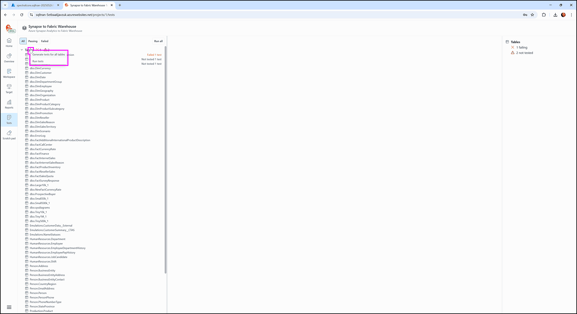Examining the tests screen - SQL Tran - Spectral Core