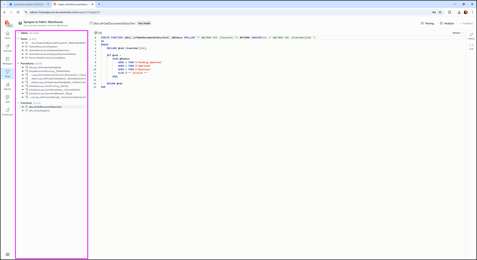 Understanding the target screen - SQL Tran - Spectral Core