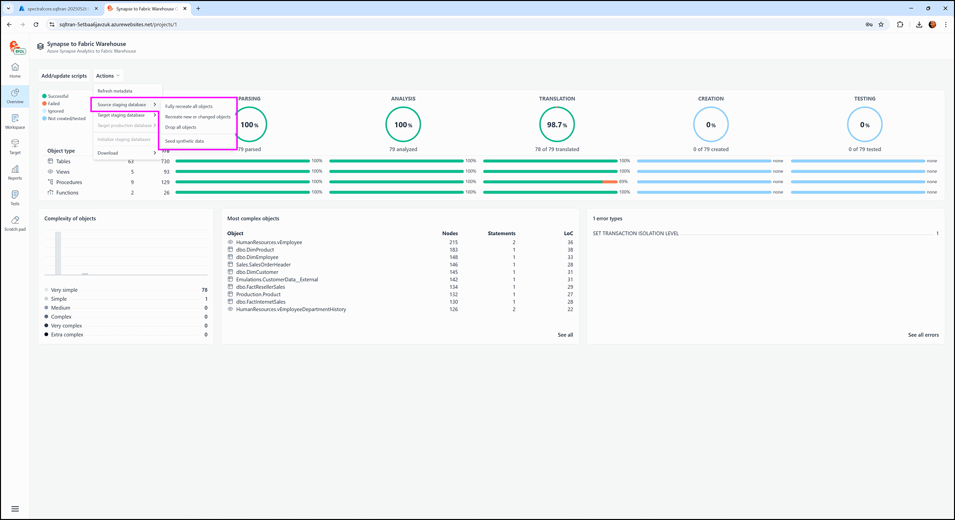 Actions menu in testing - SQL Tran - Spectral Core