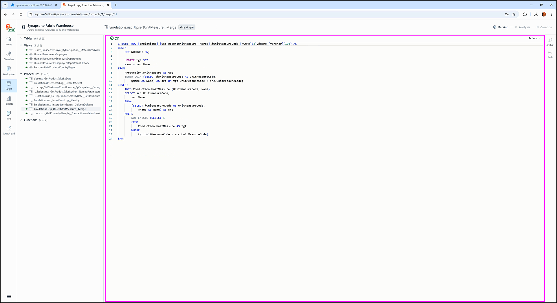 Understanding the target screen - SQL Tran - Spectral Core