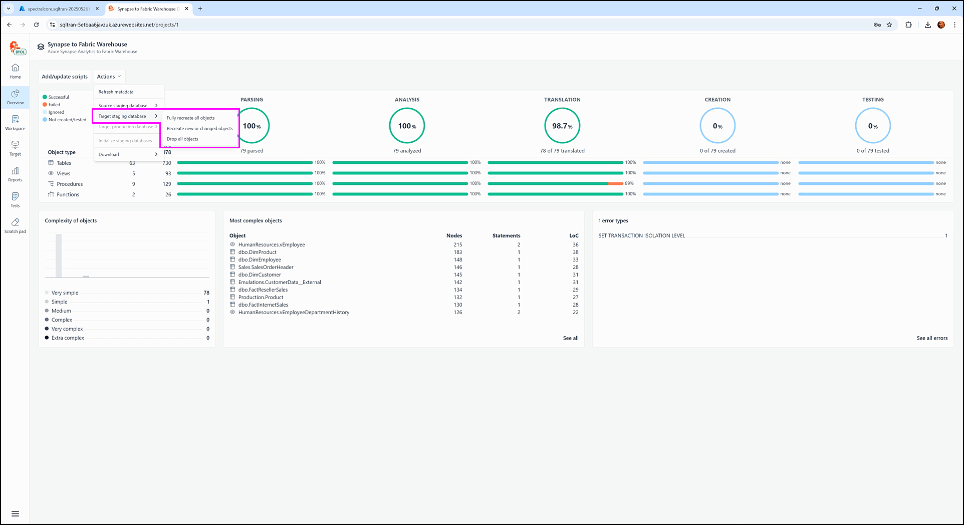 Actions menu in testing - SQL Tran - Spectral Core