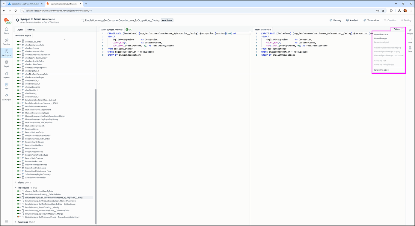 Inside the workspace screen - SQL Tran - Spectral Core