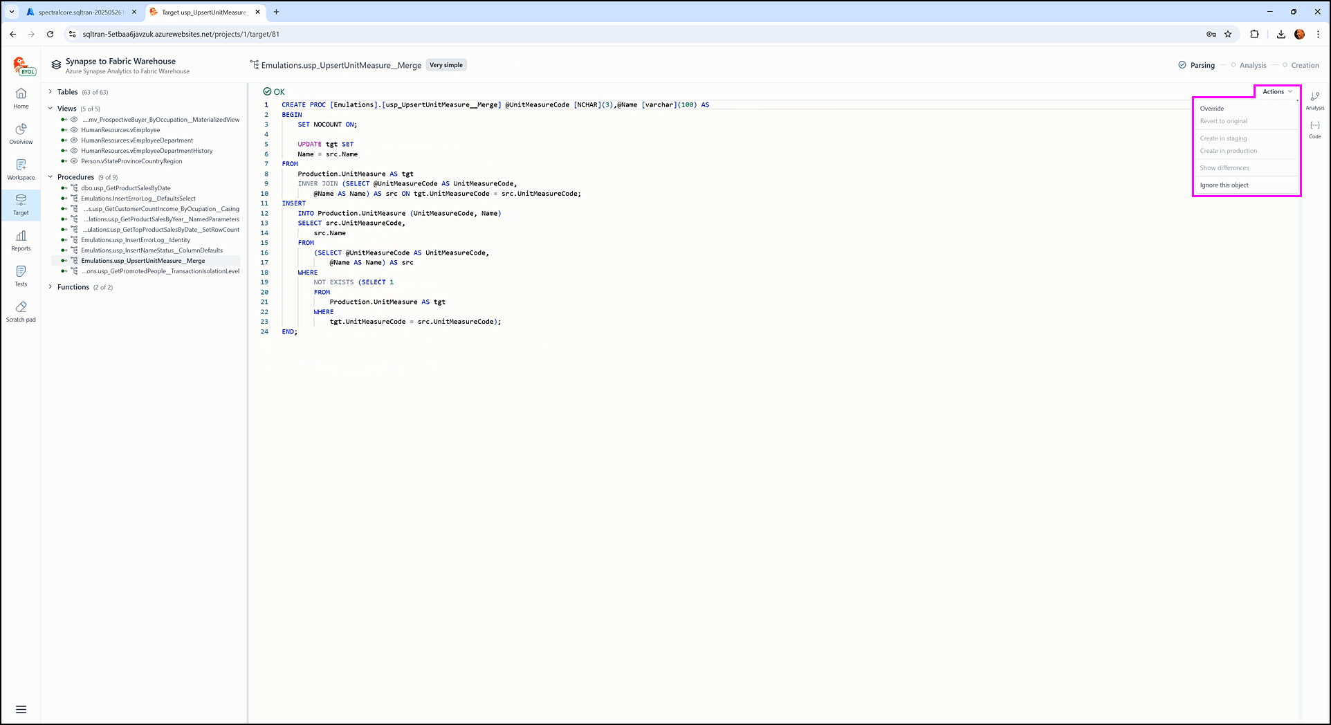 Understanding the target screen - SQL Tran - Spectral Core