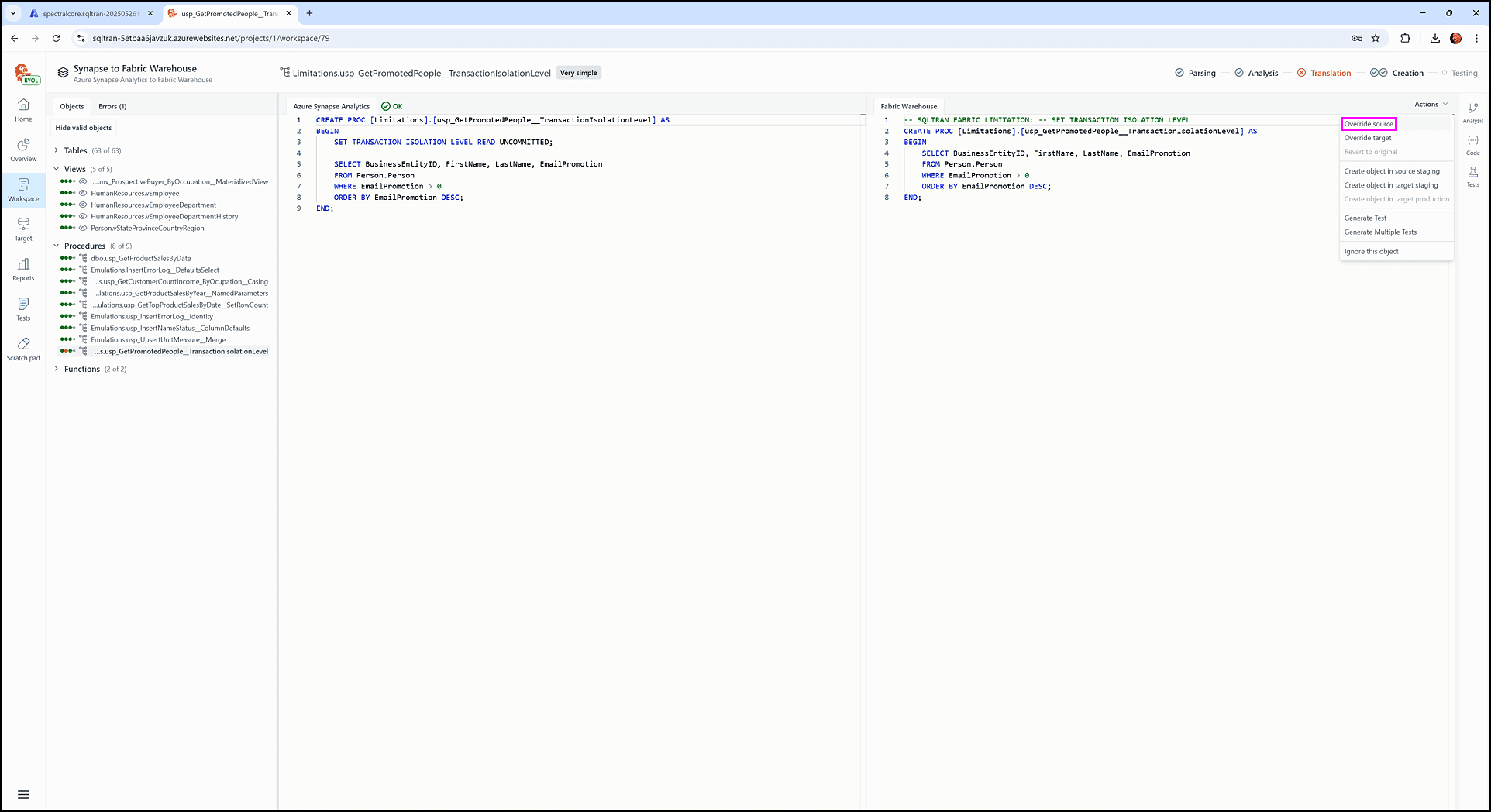 Fixing translation errors - SQL Tran - Spectral Core