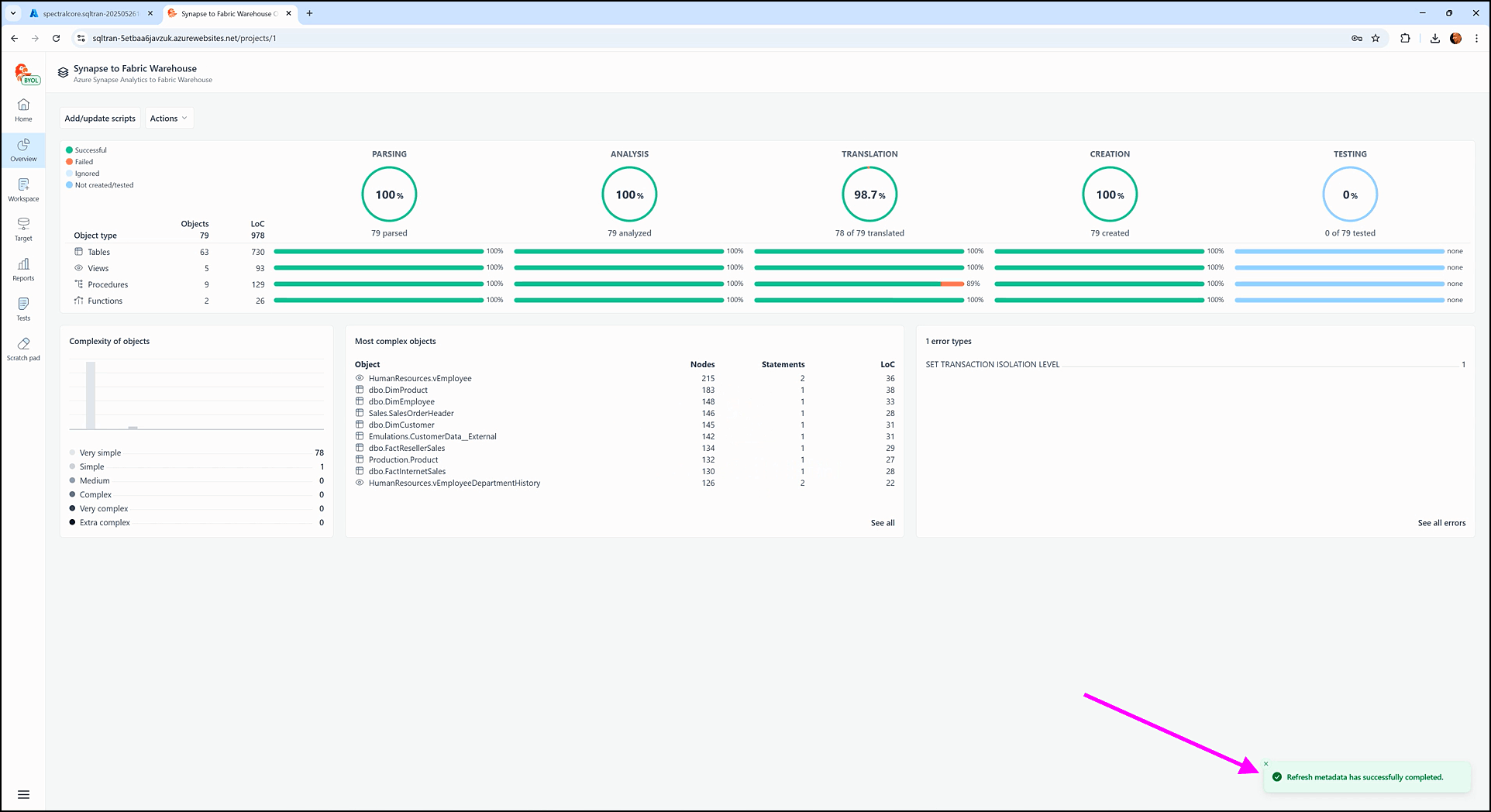 Refreshing project metadata - SQL Tran - Spectral Core