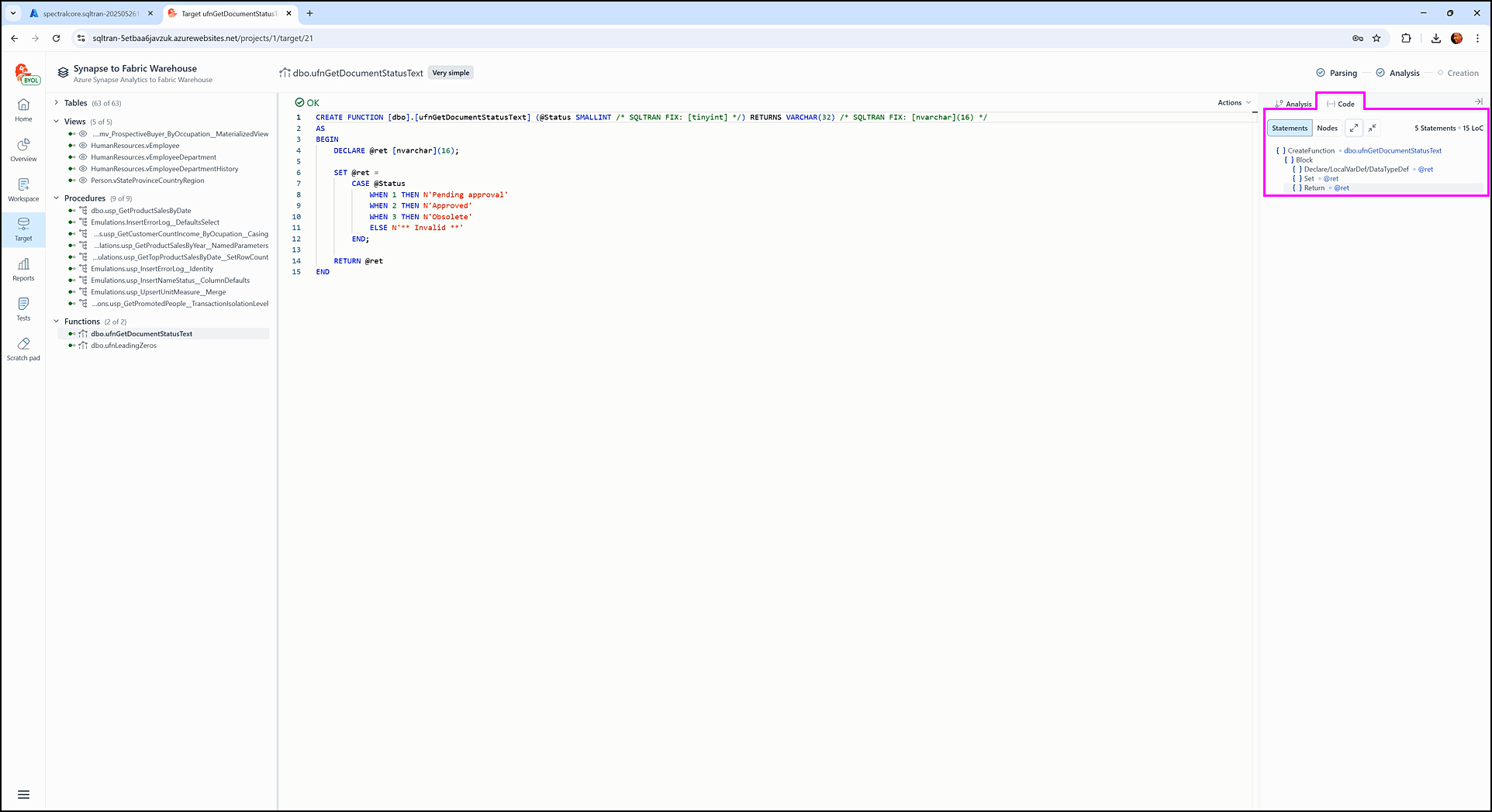 Understanding the target screen - SQL Tran - Spectral Core