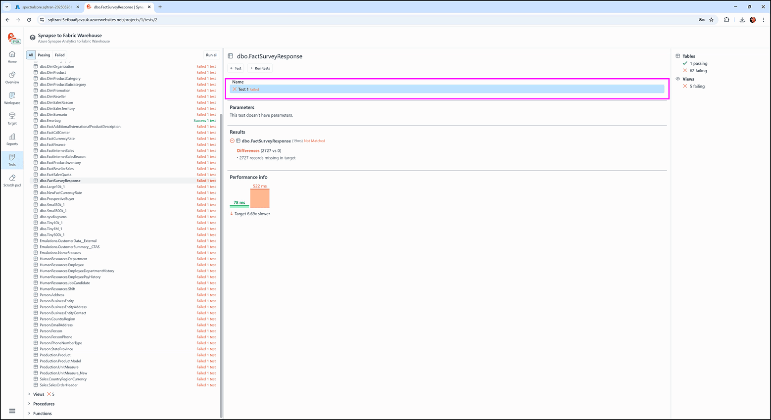 Examining the tests screen - SQL Tran - Spectral Core