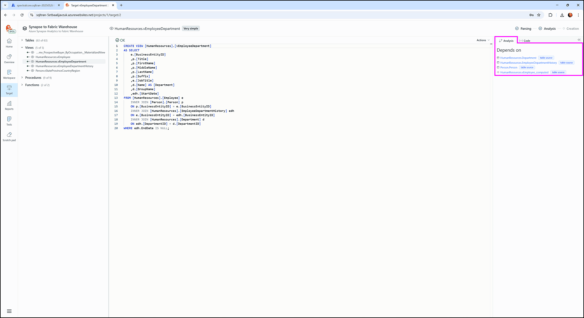 Understanding the target screen - SQL Tran - Spectral Core