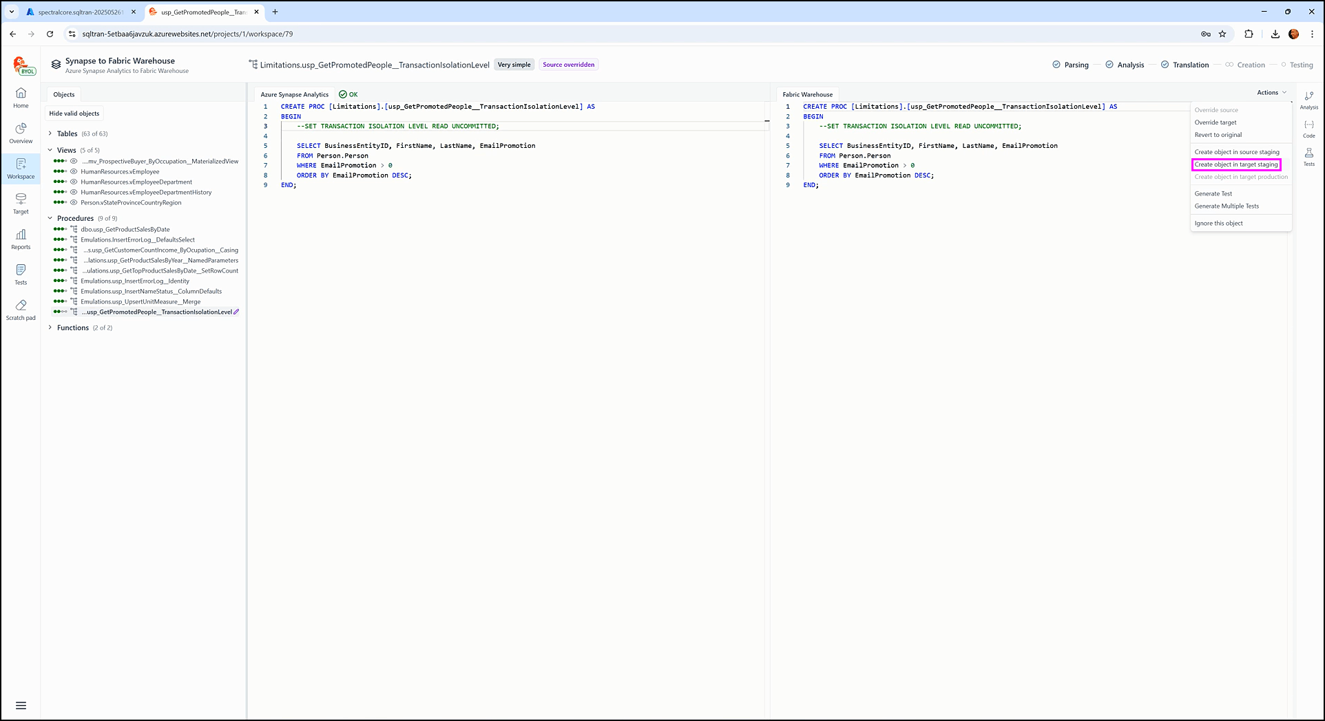 Fixing translation errors - SQL Tran - Spectral Core