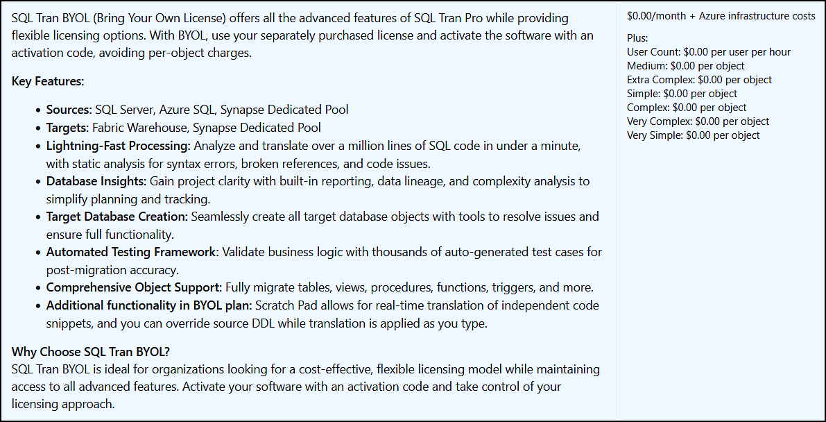 Licensing plans - SQL Tran - Spectral Core