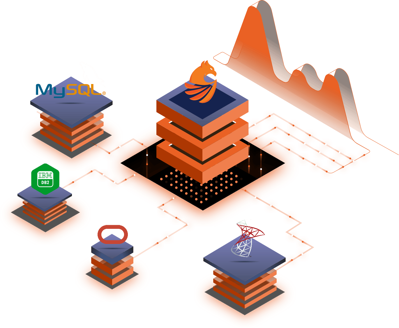 Isometric illustration of database structures and data paths