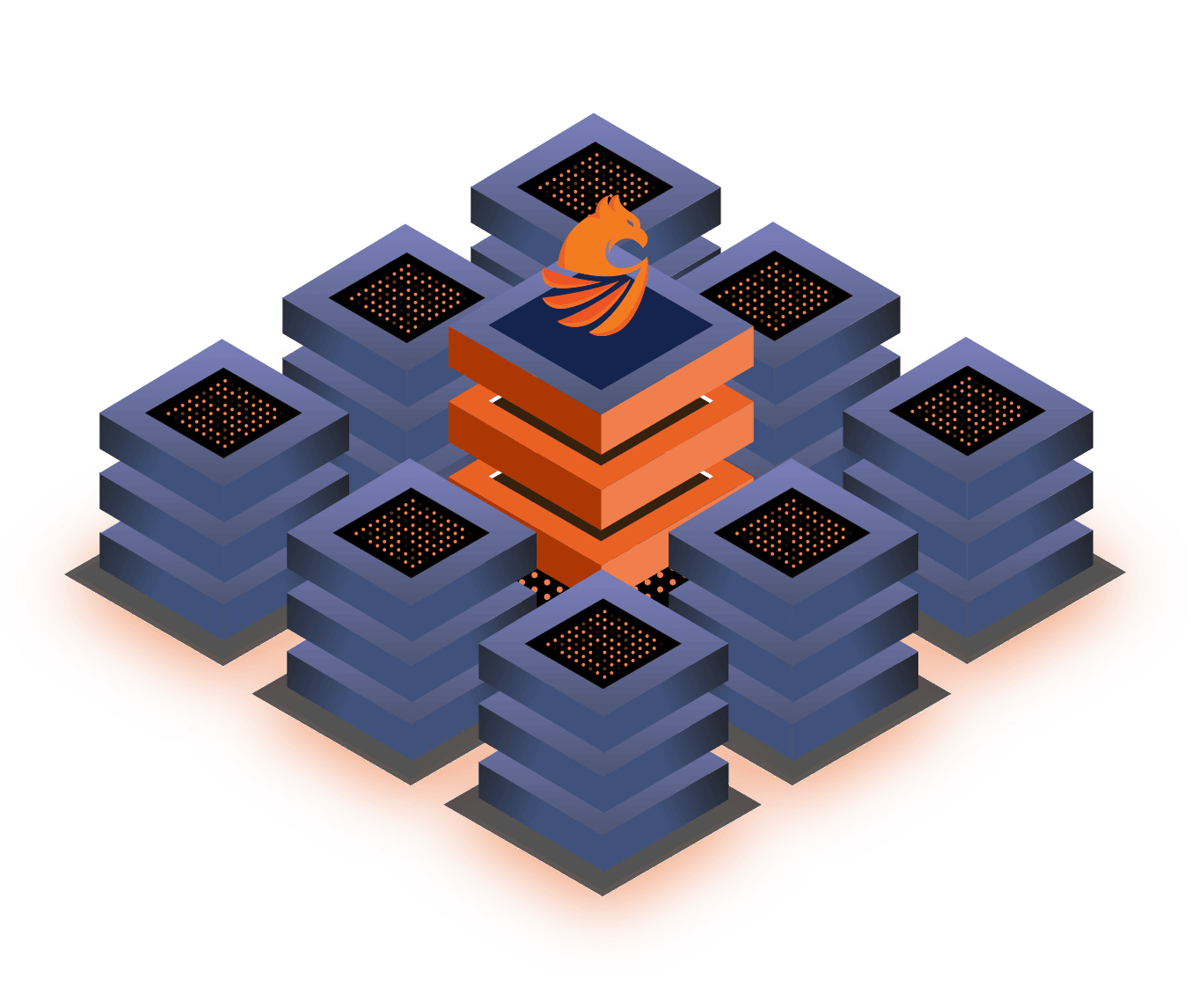 Illustration of a high-performance server cluster around Omni Loader